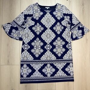Studio One Dress Womens 20W Navy White Medallion Bell Sleeve Stretch Sheath Plus